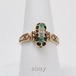 Victorian 18k Gold Old Mine Cut Natural Diamond Emerald 3 Stone Ring sz8