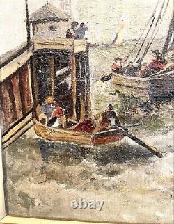 Vintage Antique 1905 J. Davis Oil Canvas Harbor Sailboats Painting Framed Old