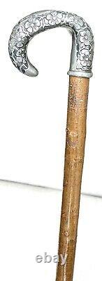 Vintage Antique 19C Sterling Silver Knobby Hardwood Shaft Walking Stick Cane Old