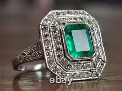 Vintage Antique Estate Inspired Emerald Cut Emerald & Old Cut CZ Engagement Ring