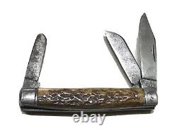 Vintage Antique Forged USA Antler Stag Folding 3-Blade Pocket Folding Knife Old