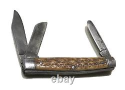 Vintage Antique Forged USA Antler Stag Folding 3-Blade Pocket Folding Knife Old