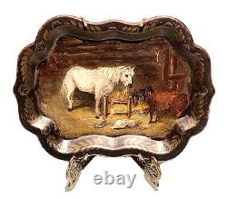 Vintage Antique Hand Painted Tin Horses Decor Wall Dish Tray Platter Old