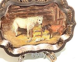 Vintage Antique Hand Painted Tin Horses Decor Wall Dish Tray Platter Old