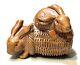 Vintage Antique Japanese Meiji Carved Wood Rabbits Signed Figurine Netsuke Old