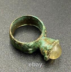 Vintage Antique Near Eastern Roman Jewelry Old Bronze Ring Crystal Stone Bezel