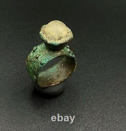 Vintage Antique Near Eastern Roman Jewelry Old Bronze Ring Crystal Stone Bezel