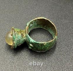 Vintage Antique Near Eastern Roman Jewelry Old Bronze Ring Crystal Stone Bezel