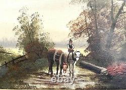 Vintage Antique Oil Canvas Landscape Horses Painting Gilt Frame Old