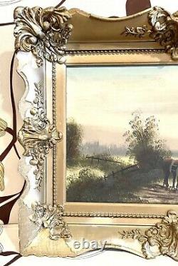 Vintage Antique Oil Canvas Landscape Horses Painting Gilt Frame Old