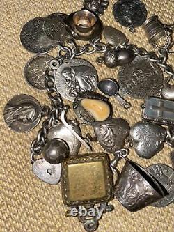 Vintage Antique Sterling Silver Charm Bracelet Rarities Old Victorian 1800'Charm
