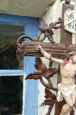 Vintage Antique old French 1890/1900 carved wood and plaster Jesus Christ cross