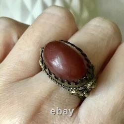 Vintage Aqiq Antique Carnelian Old Bronze Ornate Ring Size 10