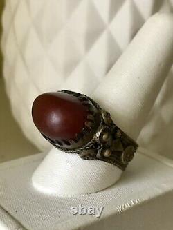 Vintage Aqiq Antique Carnelian Old Bronze Ornate Ring Size 10