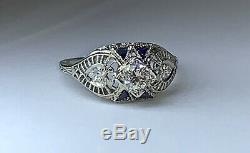 Vintage Art Deco 18k White Gold Old European Diamond Sapphire Filigree Ring Sz 6