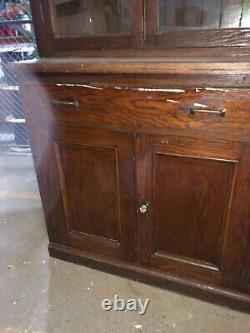 Vintage OAK upright hutch cabinet old varnish 76 x 69 x 23 school house unit