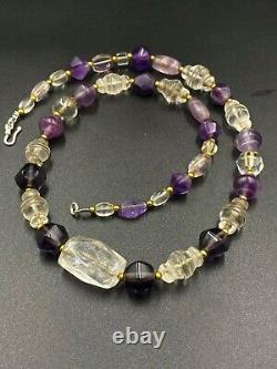 Vintage Old Antique Gems Jewelry Amethyst Crystals Glass Beads Necklace