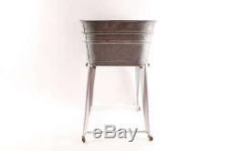 Vintage Old Galvanized Wash Tub On Stand With Wooden Wheels