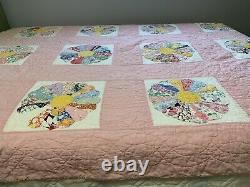 Vintage Quilt Dresden Plate 63x77 Pink Hand Quilted Great Old Fabric