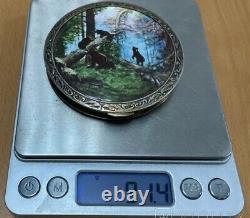 Vintage Silver 875 Powder Box Bears Painting Landscape Jewel Woman Rare Old 20th
