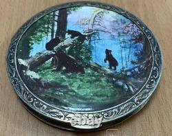 Vintage Silver 875 Powder Box Bears Painting Landscape Jewel Woman Rare Old 20th