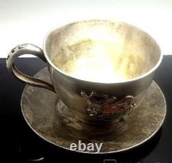 Vintage Sterling Silver 925 Cup Saucer Enamel Cow Engraved Plate Rare Old 20th