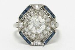 Vintage Style Ring Old Mine Cut 925 Sterling Silver Blue Baguette White Round CZ
