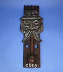 Vintage Wall Decor Grandfather Mustache Pipe Wood Metal Brass Face Rare Old 20th