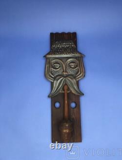 Vintage Wall Decor Grandfather Mustache Pipe Wood Metal Brass Face Rare Old 20th