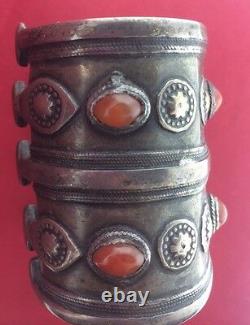 Vintage antique amber ethnic tribal old 1900s silver solid bangle bracelet cuff