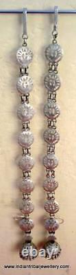 Vintage antique ethnic tribal old silver earrings with hair chain