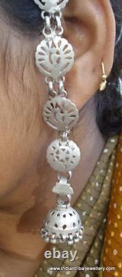 Vintage antique ethnic tribal old silver earrings with hair chain