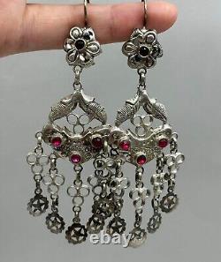 Vintage antique old solid Silver Earrings with Afghan ruby stone