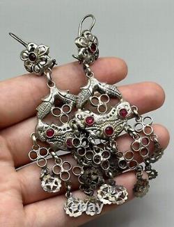 Vintage antique old solid Silver Earrings with Afghan ruby stone