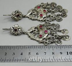 Vintage antique old solid Silver Earrings with Afghan ruby stone