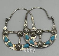 Vintage antique old solid Silver Earrings with Afghan turquoise stone