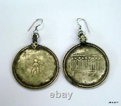 Vintage antique tribal old silver earrings disk design hindu god