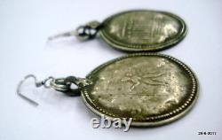 Vintage antique tribal old silver earrings disk design hindu god