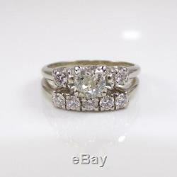 Vtg Antique 14K White Gold Ring Old Mine Cut Diamond Wedding Set Size 7 LHE2