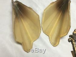 Vtg Brass Art Deco Sconce Pair Black Tip Glass Slip Shades Old Lights 186-19E