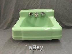 Vtg Jade Green Porcelain Cast Iron Shelf Back Sink Old Bath Salavge 754-17E