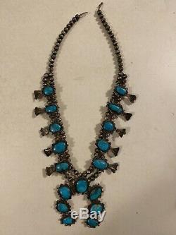 Vtg Old Pawn Squash Blossom Silver Turquoise Necklace Antique RARE