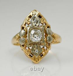 14k Or Jaune Antique Ancienne Bague De Diamant Mine-cut 0,32tdw Taille 5,5