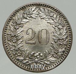 1859 B Suisse Antique Vintage Old Rose Swiss Silver 20 Rappen Coin I92417