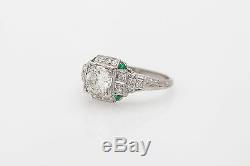 1920 Antique 12000 $ 1.50ct Old Euro Diamond Emerald Platinum Filigree Bague