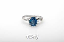 1940 Antique 3ct Old Cut Bleu Naturel Saphir Diamant Platine Bague De Mariage