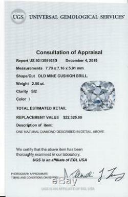 2 Carat Certifié Old Cut Diamond Mine I Si2 Antique Coussin Vintage Brillant