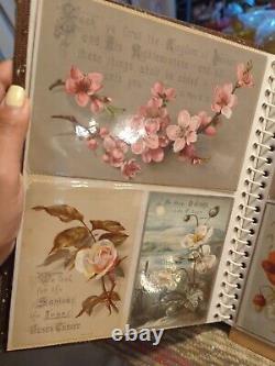 Album de photos de scrapbook vintage antique avec diverses cartes de commerce religieuses anciennes (71 cartes)