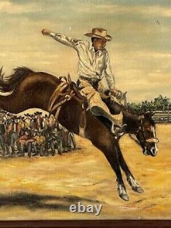 Ancien Cowboy Western Horse Rodeo Peinture À L'huile Vieux Vieux Paysage De Poney Sauvage