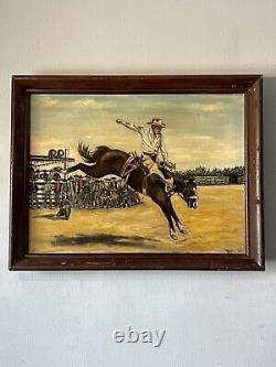 Ancien Cowboy Western Horse Rodeo Peinture À L'huile Vieux Vieux Paysage De Poney Sauvage